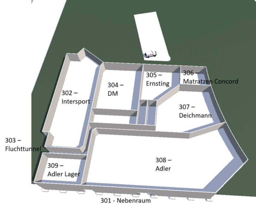 Lageplan des Einkaufszentrums Hückelhoven mit den Teilbereichen 301 bis 309